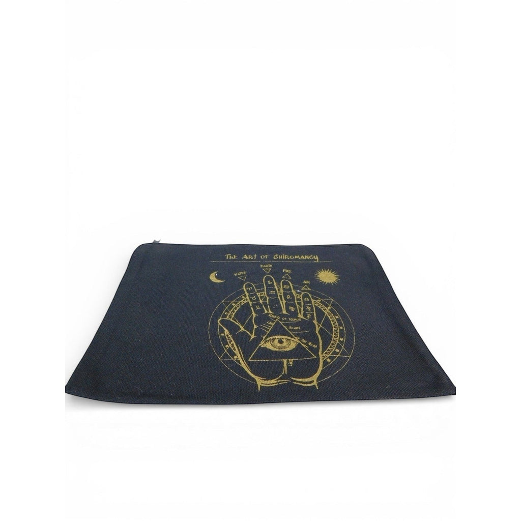 The Witches' Quest black canvas zip pouch featuring a gold Art of Chiromancy palmistry and celestial graphic print.