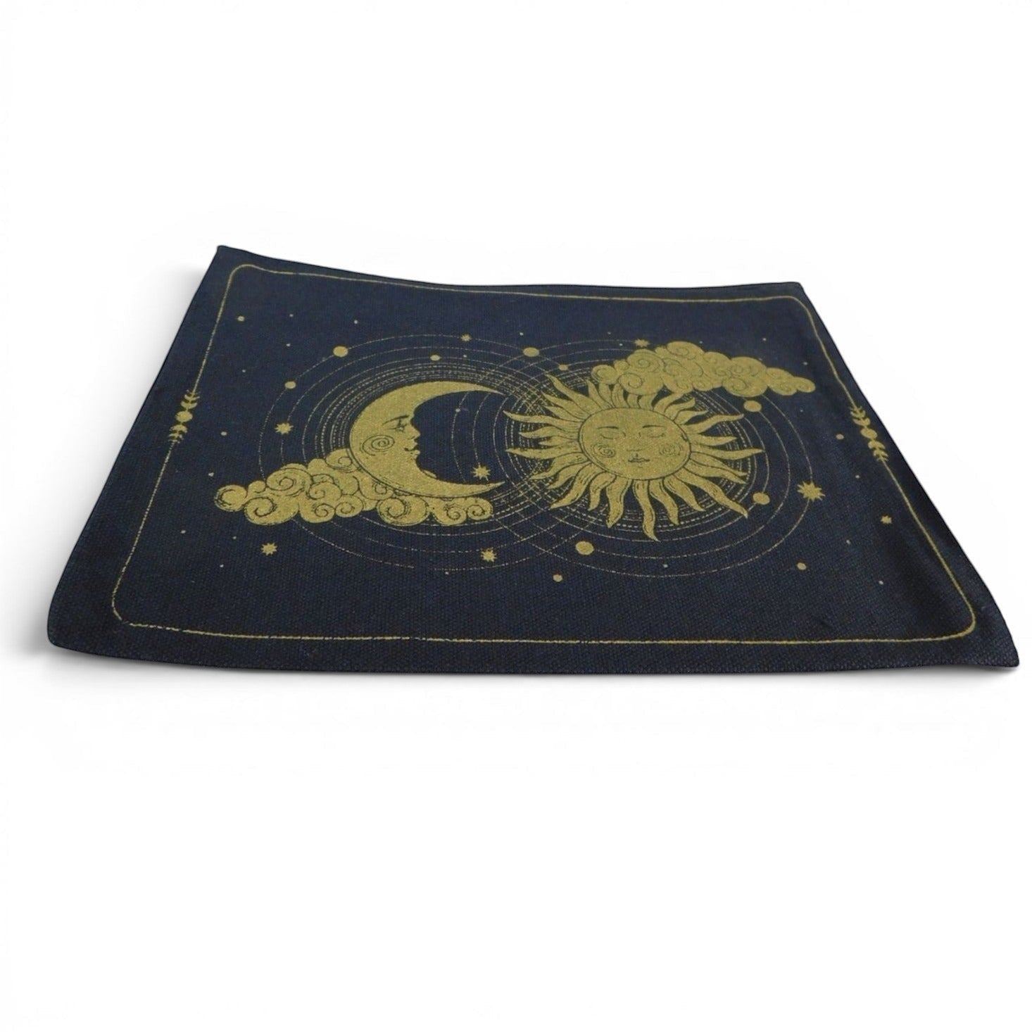 The Witches' Quest black canvas pouch featuring a gold celestial sun and moon design with clouds and stars.