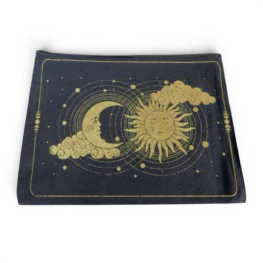 The Witches' Quest black canvas zippered pouch featuring a gold celestial sun and moon design with clouds and stars.