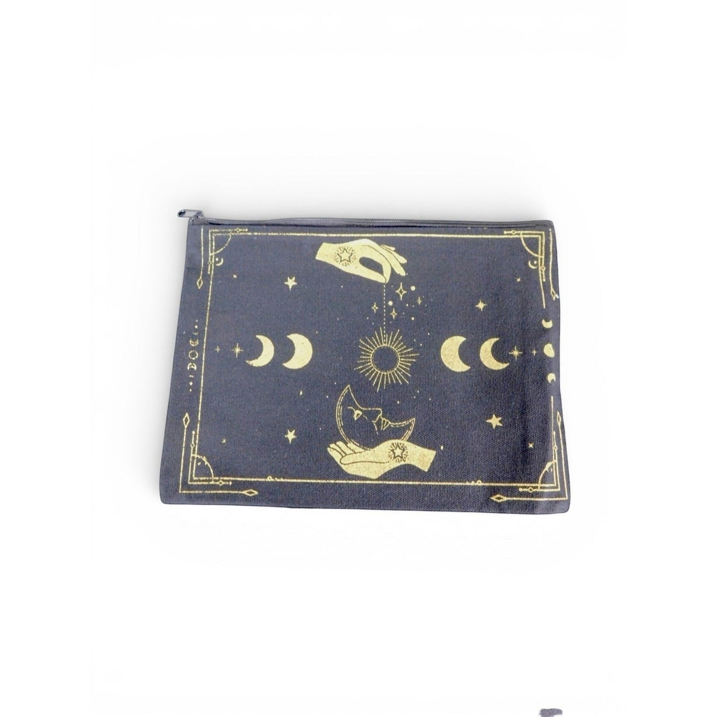 The Witches' Quest black canvas clutch with gold celestial moon, sun, and star print and zip closure.