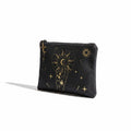 The Witches' Quest black canvas clutch featuring a gold celestial hand, moon, and sun print with a top zipper closure.