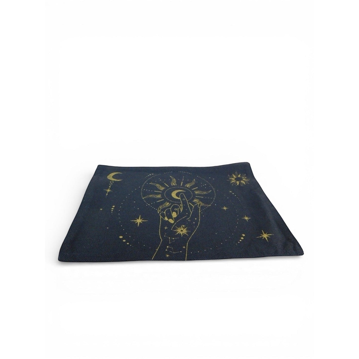 The Witches' Quest black canvas clutch pouch featuring a gold celestial hand, moon, and star print.