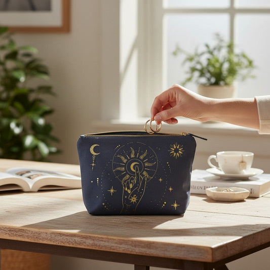 The Witches' Quest black canvas clutch with gold celestial moon and sun print, held on a wooden table.
