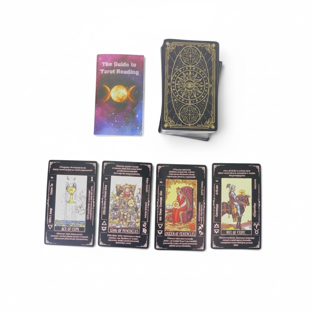 The Witches' Quest black tarot deck with gold celestial motifs, guidebook, and four Rider-Waite style cards.