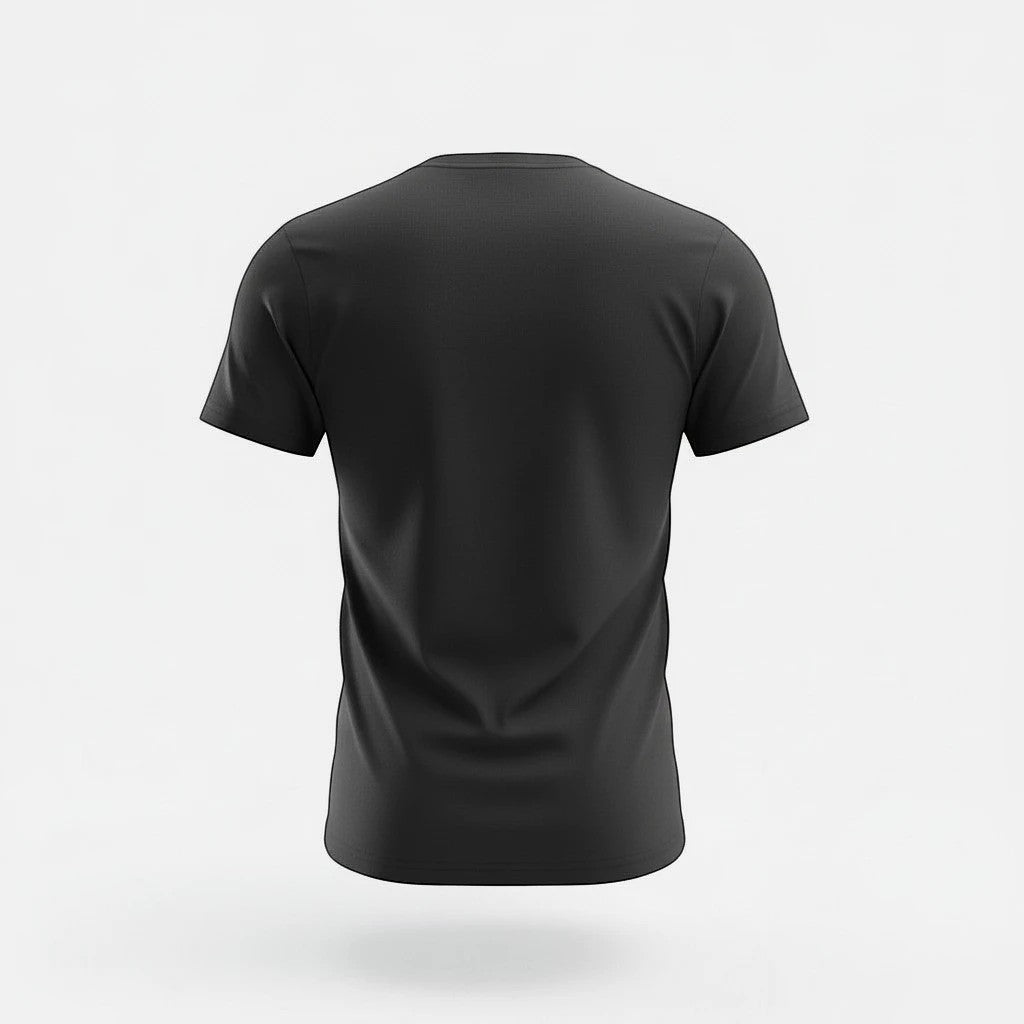 The Witches' Quest unisex black cotton t-shirt, back view of a plain short sleeve casual tee.
