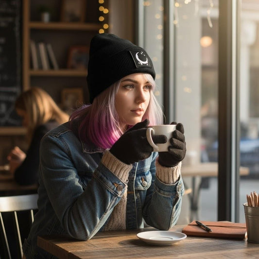 The Witches' Quest black ribbed knit beanie with crescent moon patch worn by a woman with pink-tipped hair in a cafe