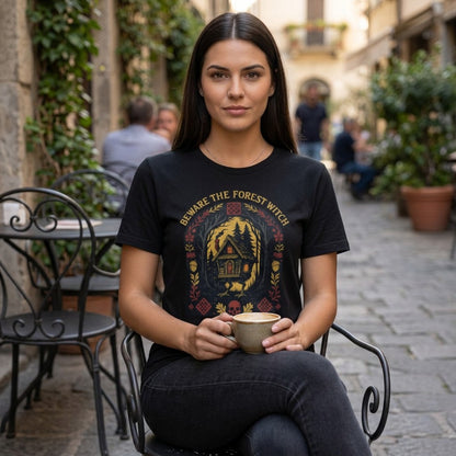 The Witches' Quest black cotton unisex t-shirt featuring a Beware The Forest Witch cottage graphic, worn by a woman.