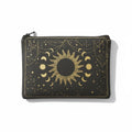 The Witches' Quest black canvas zipper pouch featuring a gold celestial sun and moon design.