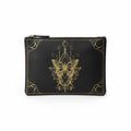 The Witches' Quest black canvas zipper pouch featuring an intricate gold moth and celestial geometric design.