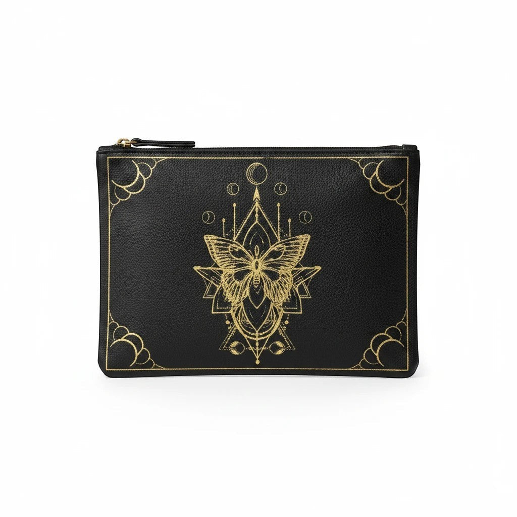 The Witches' Quest black canvas zipper pouch featuring an intricate gold moth and celestial geometric design.