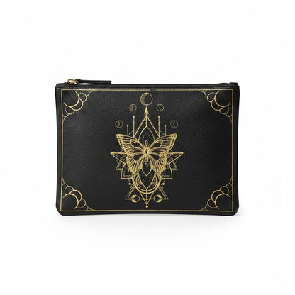 The Witches' Quest black canvas zipper pouch featuring an intricate gold moth and celestial geometric design.