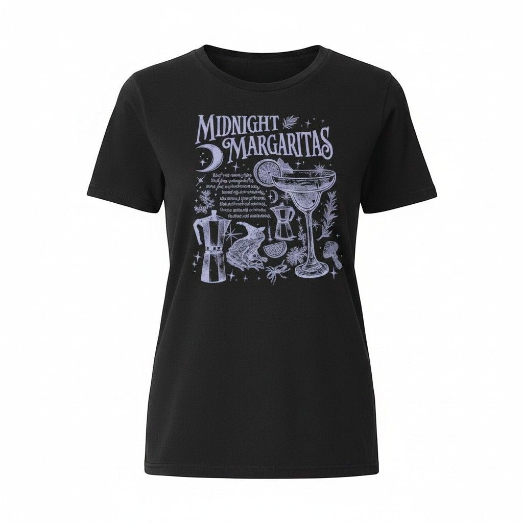 The Witches' Quest black cotton crewneck t-shirt featuring a white mystical Midnight Margaritas graphic print.