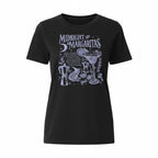 The Witches' Quest black cotton crewneck t-shirt featuring a white mystical Midnight Margaritas graphic print.