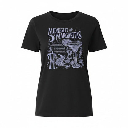 The Witches' Quest black cotton crewneck t-shirt featuring a white mystical Midnight Margaritas graphic print.