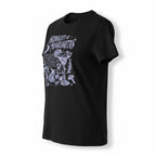 The Witches' Quest black cotton crewneck t-shirt featuring a white Midnight Margaritas graphic with celestial motifs.