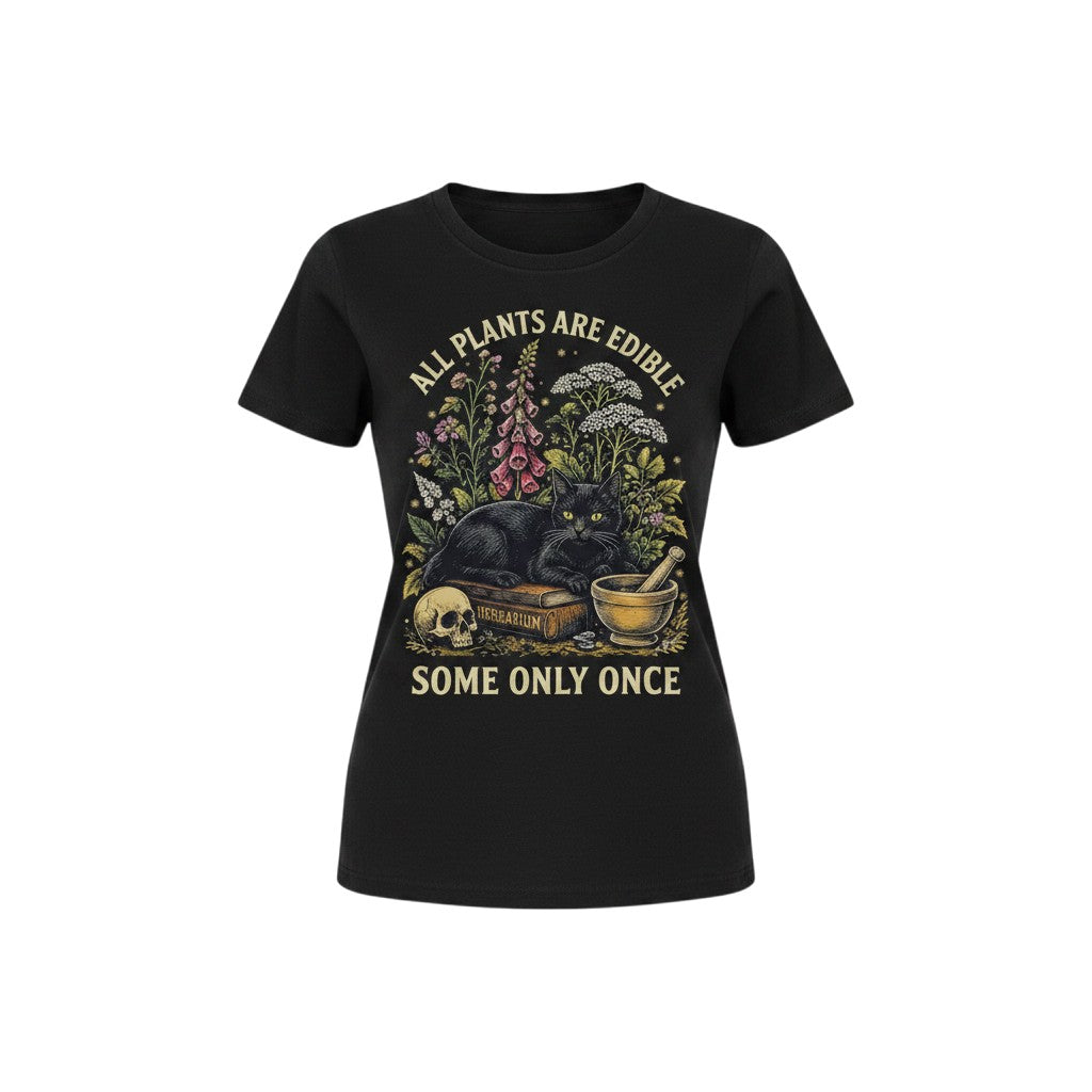 The Witches' Quest black cotton graphic t-shirt featuring a cat, skull, and botanical design with witty text.