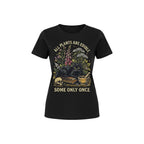 The Witches' Quest black cotton graphic t-shirt featuring a cat, skull, and botanical design with witty text.