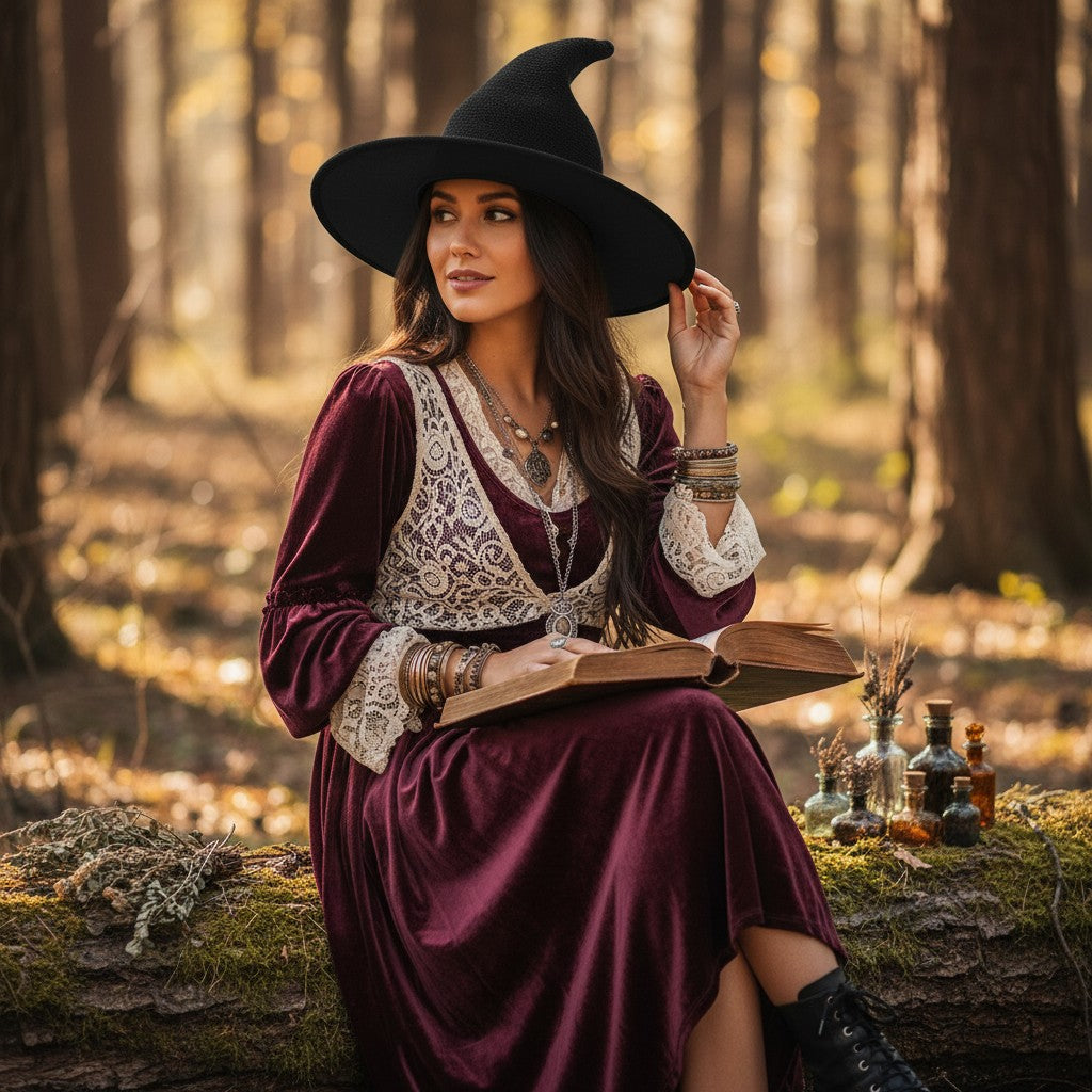 The Witches' Quest black soft knit pointed witch hat worn by a woman in a velvet dress in a forest setting.