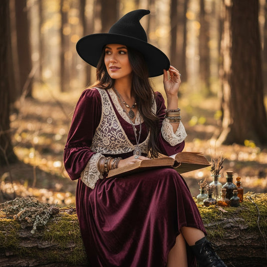 The Witches' Quest black soft knit pointed witch hat worn by a woman in a velvet dress in a forest setting.