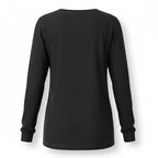 The Witches' Quest black long sleeve crewneck shirt, back view showing plain solid fabric and comfortable fit.