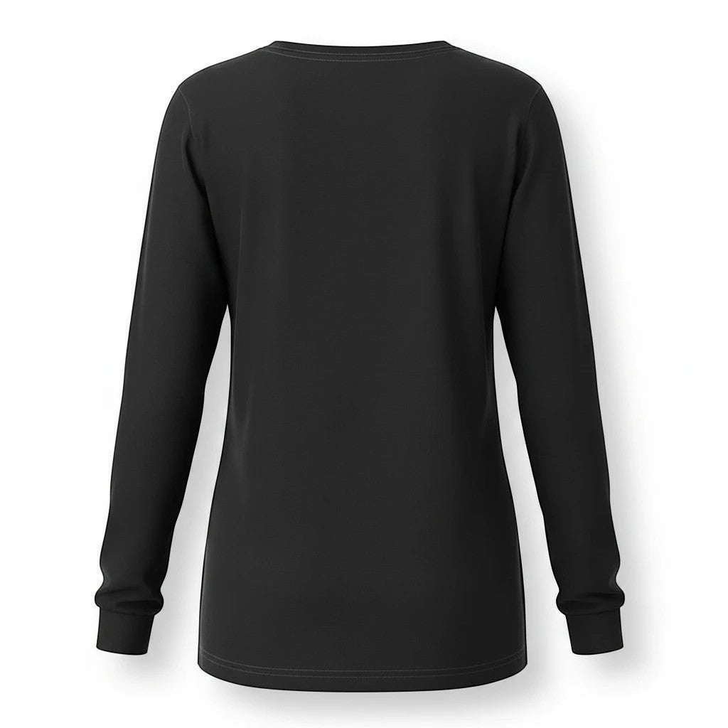 The Witches' Quest black long sleeve crewneck shirt, back view showing plain solid fabric and comfortable fit.