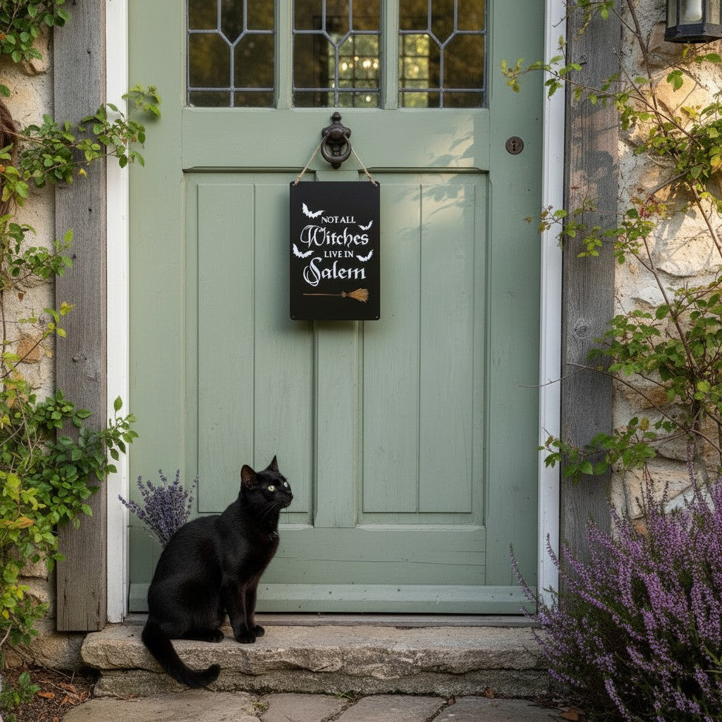 The Witches' Quest black metal wall sign with white text and bat graphics hanging on a sage green door with a black cat.
