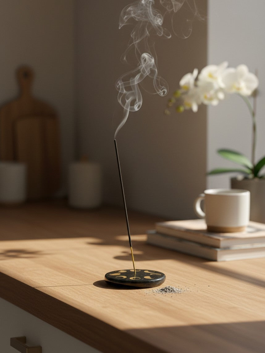 The Witches' Quest black stone incense holder with gold moon phase design, holding a burning incense stick on a table.