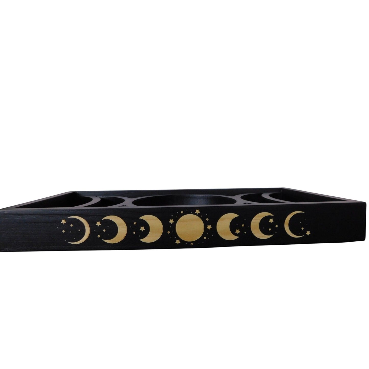 The Witches' Quest black wooden tarot card and crystal display tray featuring engraved moon phase designs.