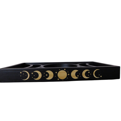 The Witches' Quest black wooden tarot card and crystal display tray featuring engraved moon phase designs.