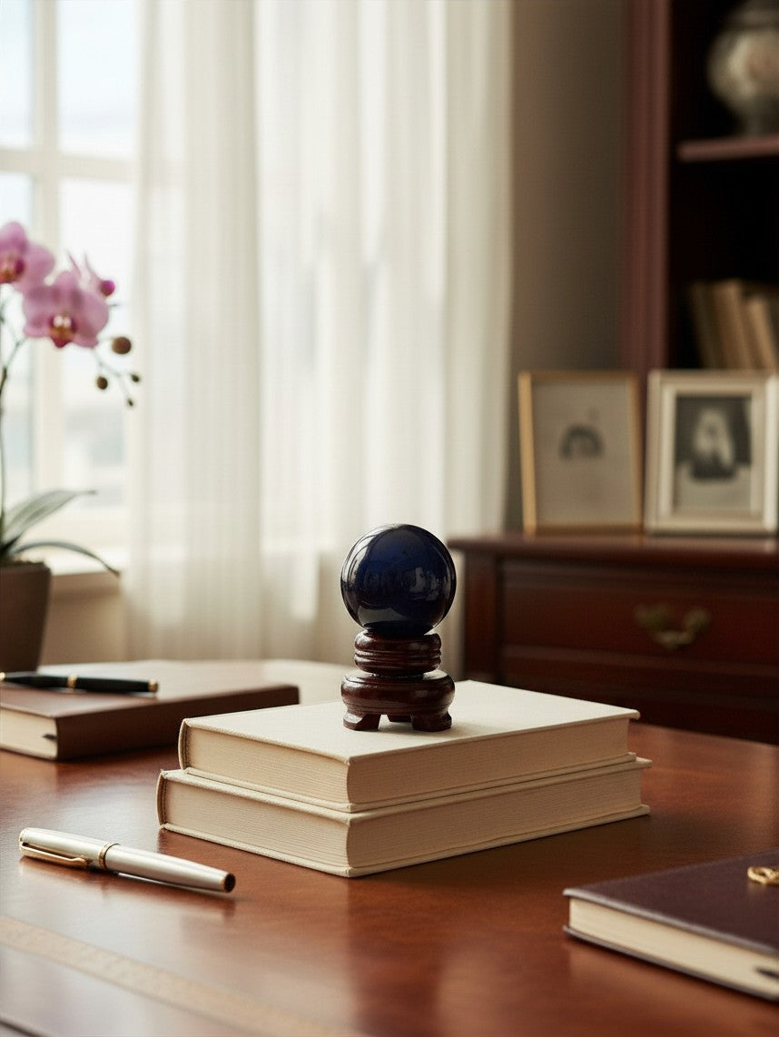 The Witches' Quest polished black obsidian sphere on a dark wooden stand resting on books in a sunlit room.