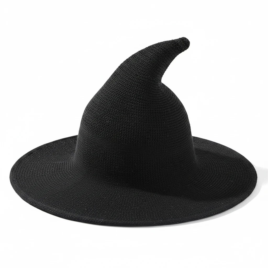 The Witches' Quest classic black pointed witch hat with a wide brim and textured knit finish for a mystical costume look.