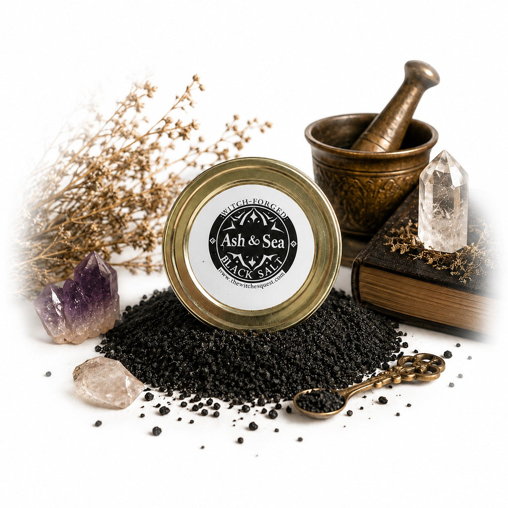 The Witches' Quest witch-forged black salt in a glass jar with crystals, mortar, and pestle for ritual protection.