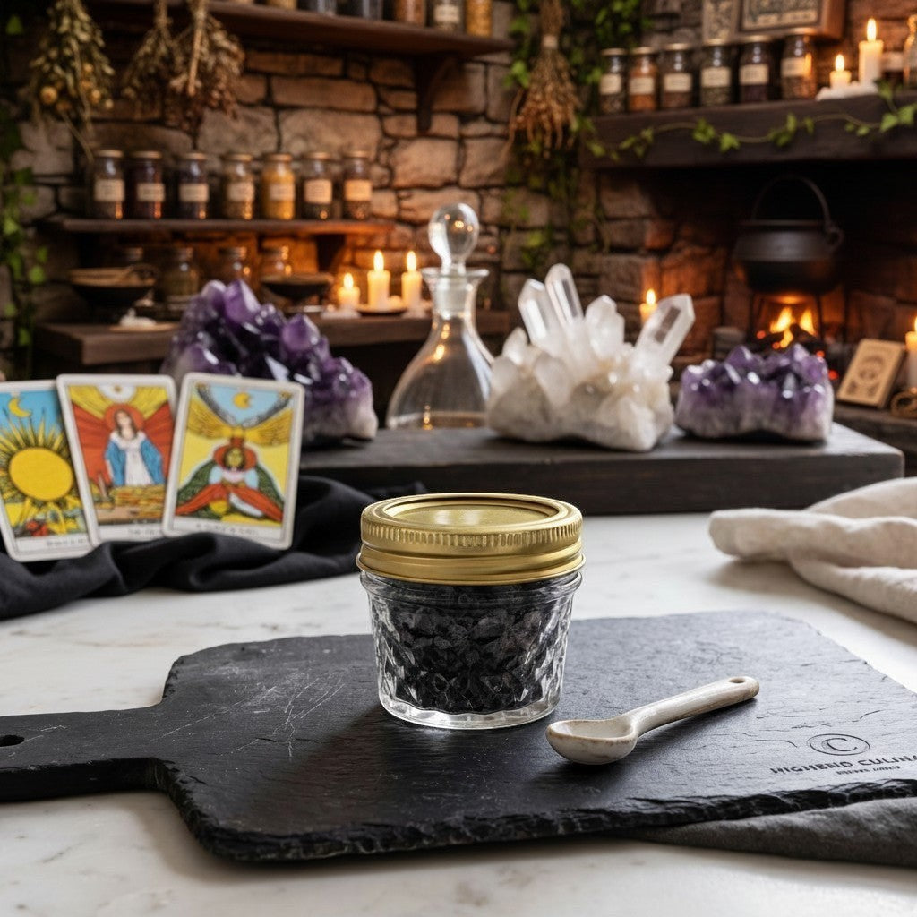The Witches' Quest black salt in a glass jar with a gold lid, placed on a slate board with a small ceramic spoon.