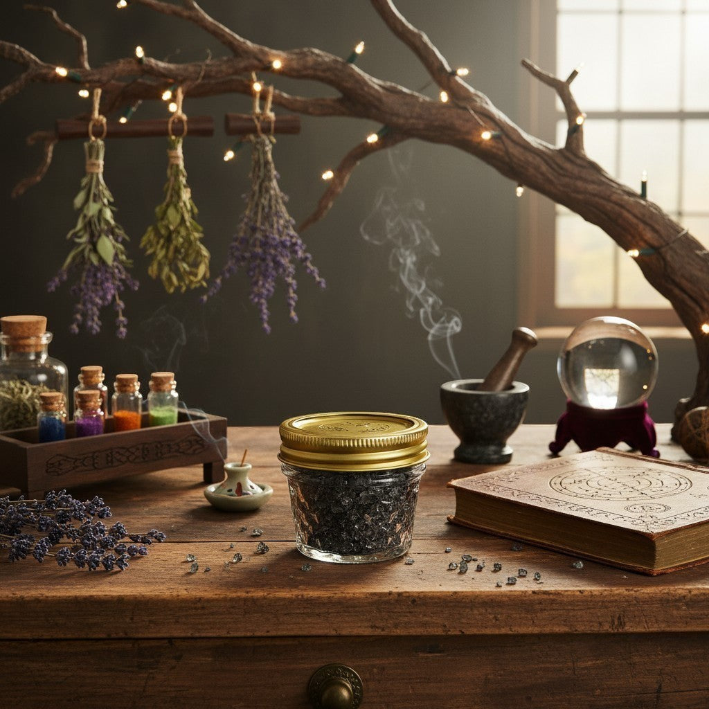 The Witches' Quest witch-forged black salt in a glass jar on a wooden altar with herbs, crystal ball, and spell book.