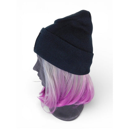 The Witches' Quest black ribbed knit beanie with a crescent moon and stars patch and satin lining on a mannequin