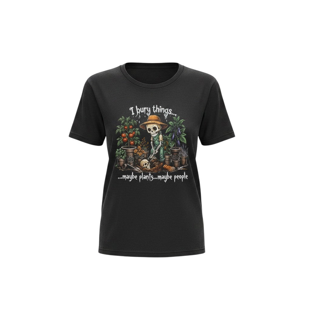 The Witches' Quest black cotton t-shirt featuring a skeleton gardener graphic with the text I bury things.