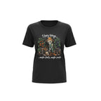 The Witches' Quest black cotton t-shirt featuring a skeleton gardener graphic with the text I bury things.