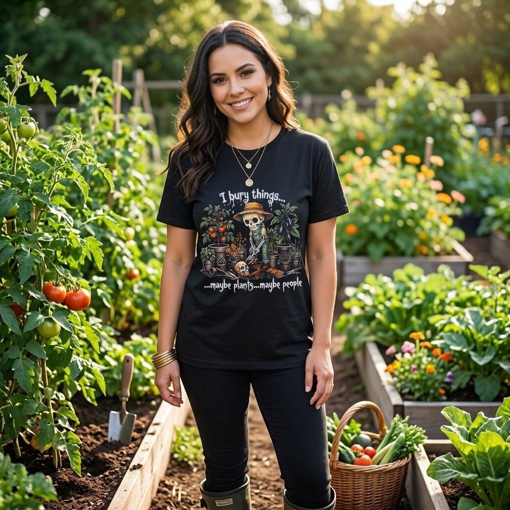 The Witches' Quest black cotton t-shirt with a skeleton gardener graphic worn by a woman in a vegetable garden.