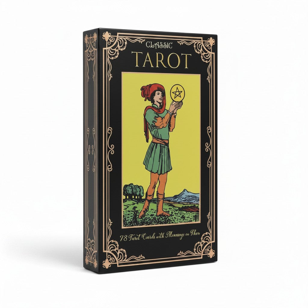 The Witches' Quest classic black tarot deck box featuring gold celestial accents and a Rider-Waite style illustration.