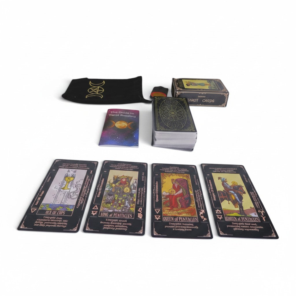 The Witches' Quest classic black tarot deck with gold celestial accents, guidebook, and velvet pouch on white background
