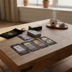 The Witches' Quest classic black tarot deck with gold celestial accents, guidebook, and velvet pouch on a wooden table.