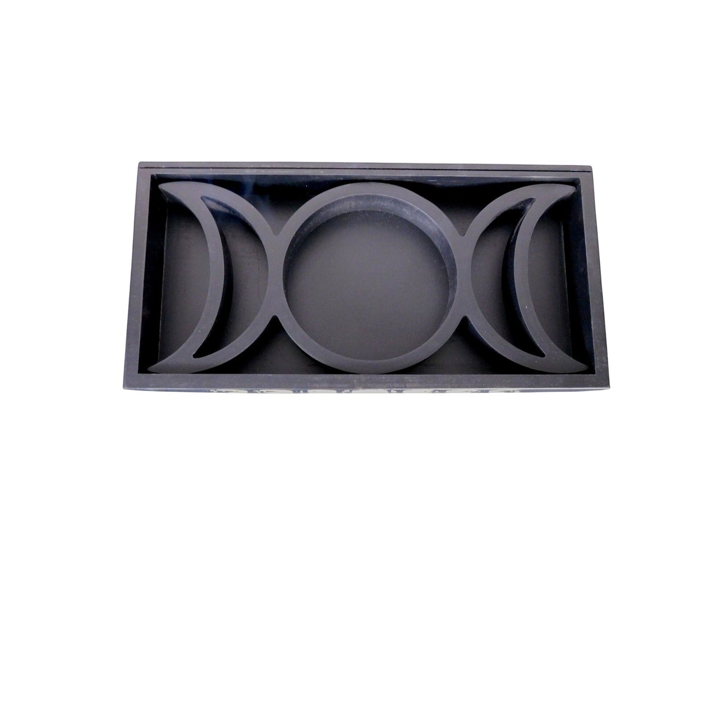 The Witches' Quest black wooden tarot card and crystal display tray with triple moon phase design