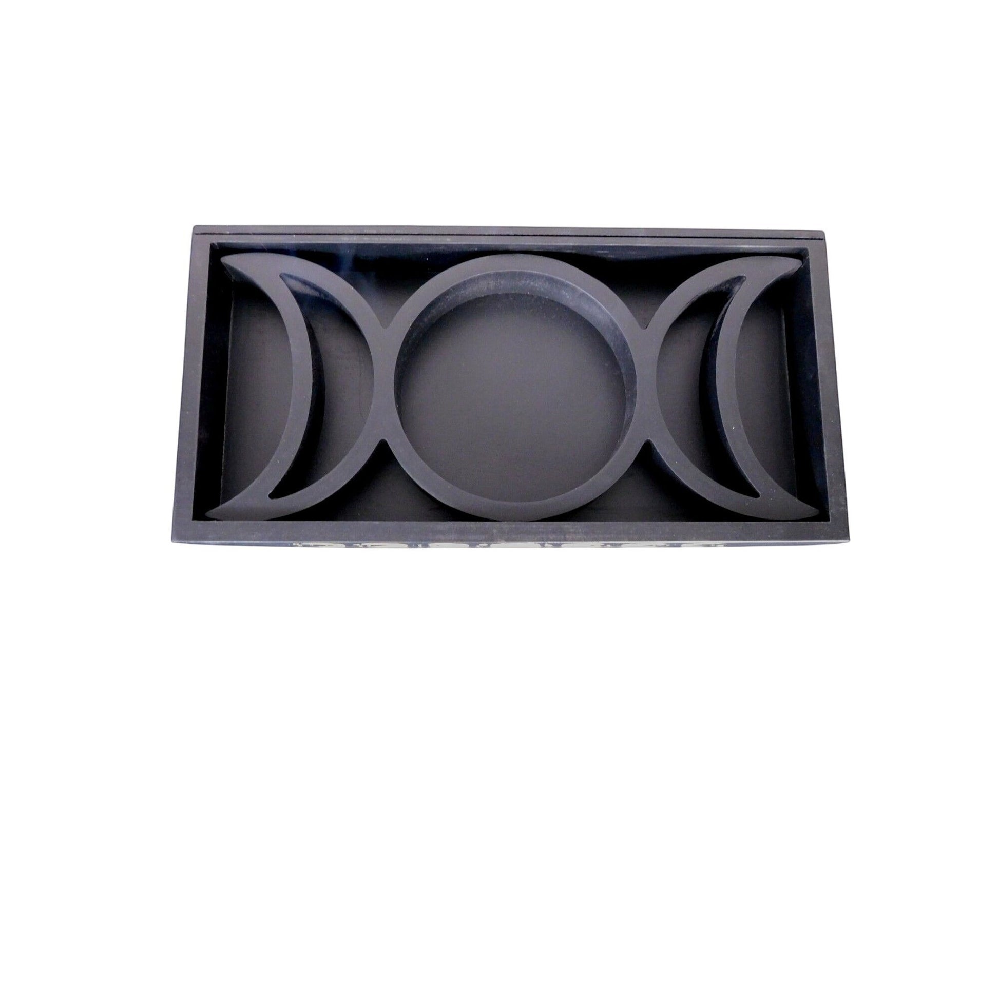 The Witches' Quest black wooden tarot card and crystal display tray with triple moon phase design
