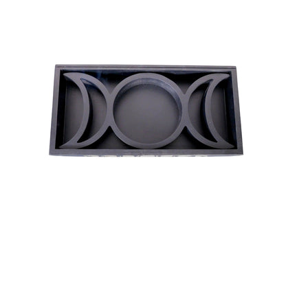 The Witches' Quest black wooden tarot card and crystal display tray with triple moon phase design