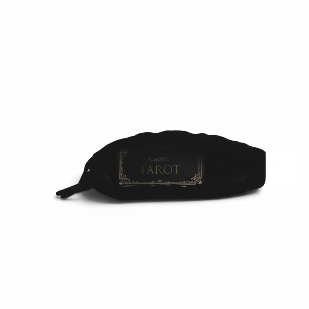 The Witches' Quest black velvet tarot card pouch with gold foil Classic Tarot branding and drawstring closure