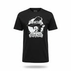 The Witches' Quest black cotton crew neck t-shirt featuring a white Resting Witch Face graphic print.