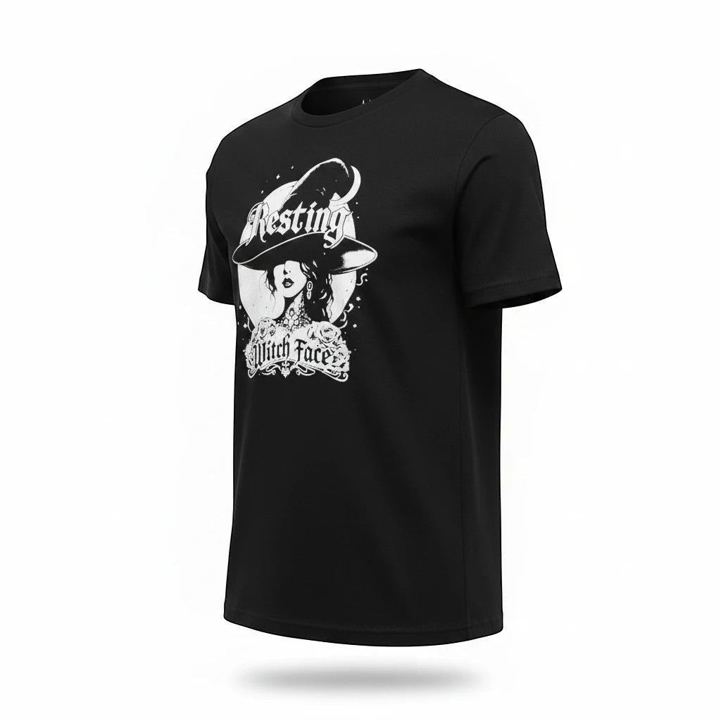 The Witches' Quest black cotton crew neck t-shirt featuring a white Resting Witch Face graphic print.