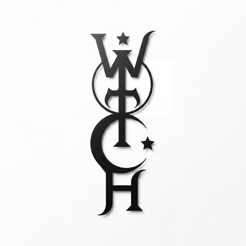 The Witches' Quest black vinyl decal featuring a vertical witch typography design with moon and star symbols.