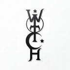 The Witches' Quest black vinyl decal featuring a vertical witch typography design with moon and star symbols.