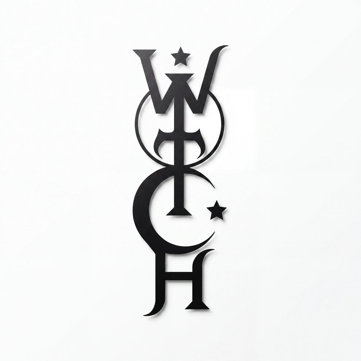 The Witches' Quest black vinyl decal featuring a vertical witch typography design with moon and star symbols.